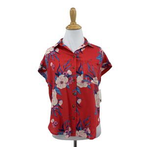 SO Kohls Hawaiian Blouse Womens XS Extra Small Red Tropical Botanical High Low